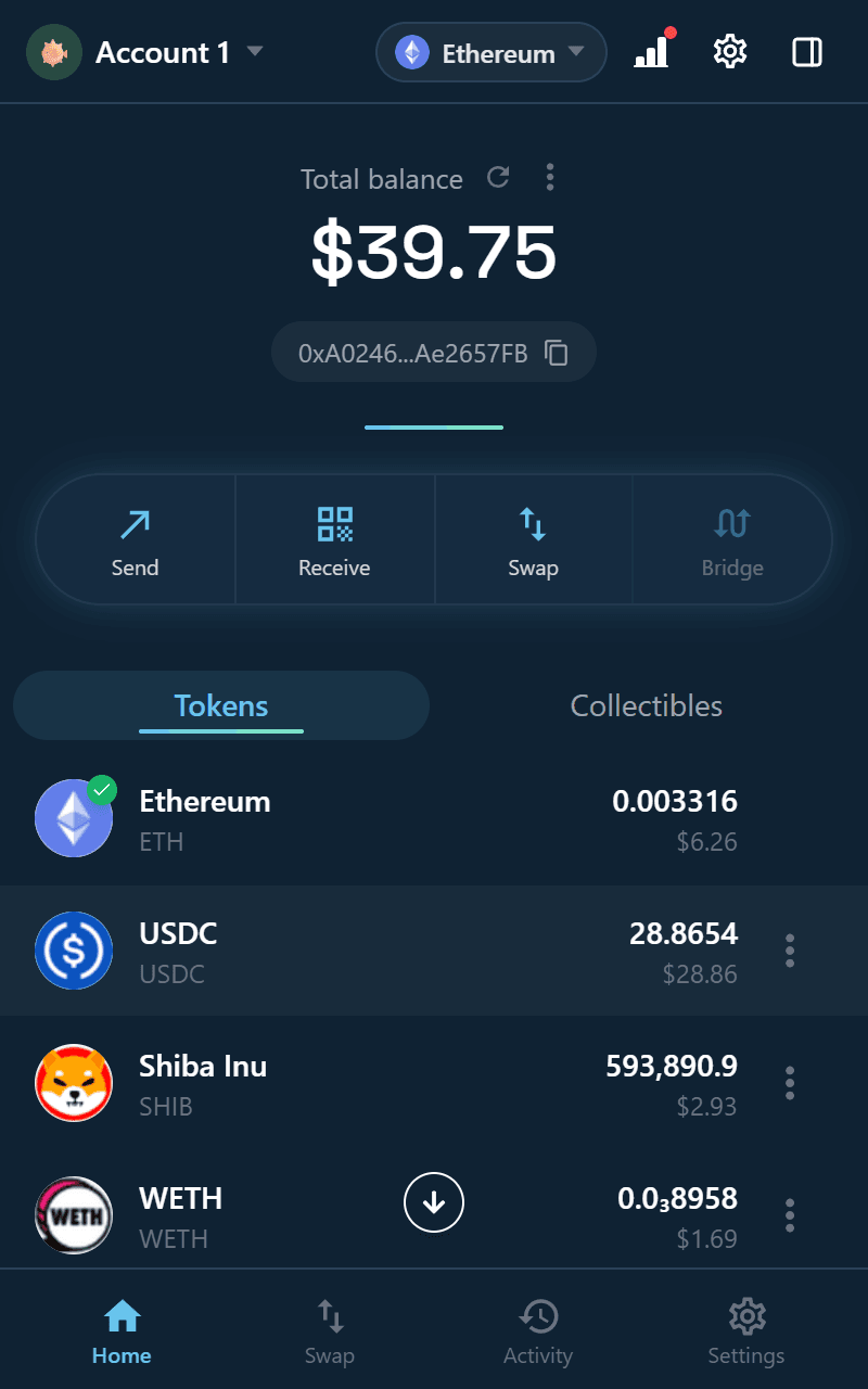Chilly Wallet home screen showing total balance and token list