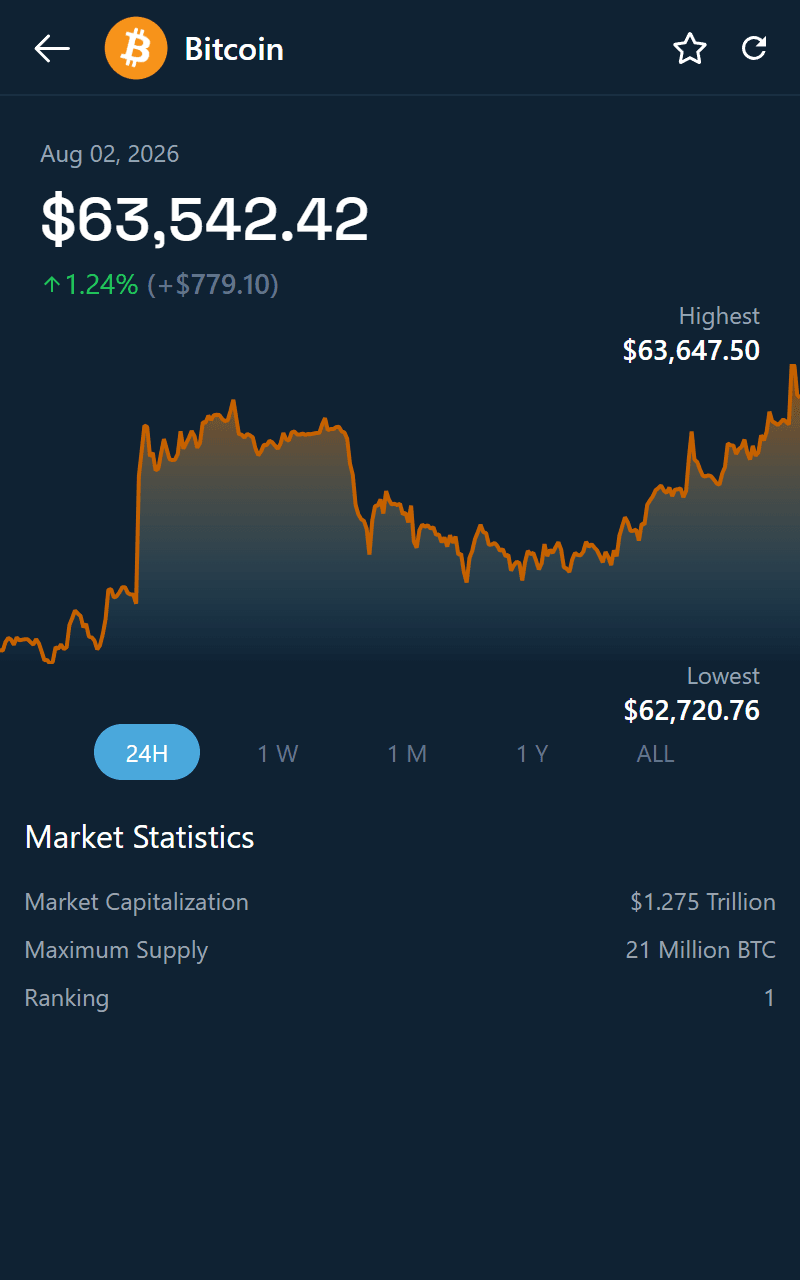 Coin detail screen with a price chart and market statistics