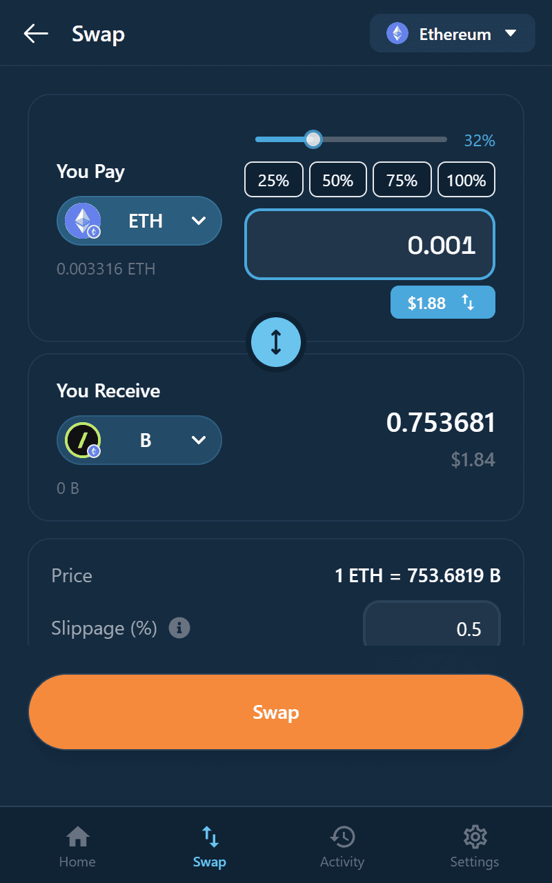 Swap screen showing a live quote between two tokens