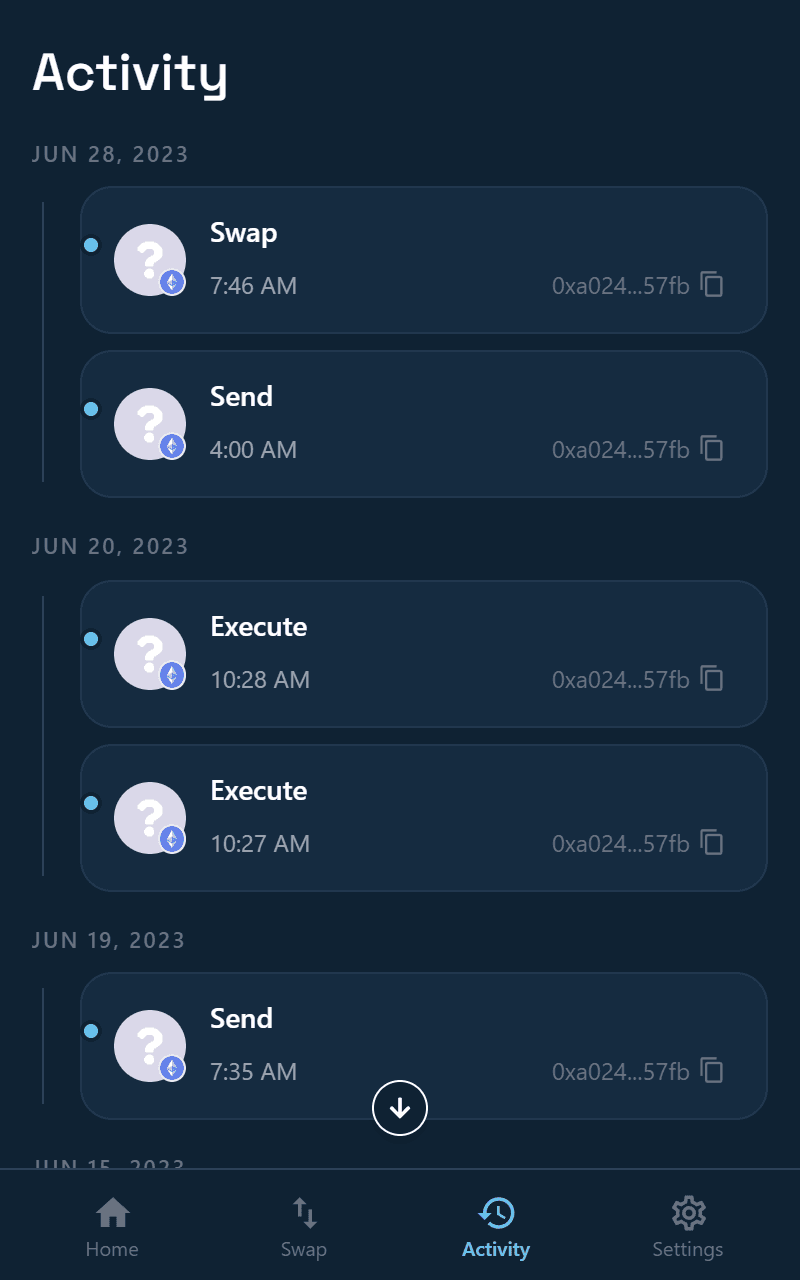 Activity screen with transactions grouped by day